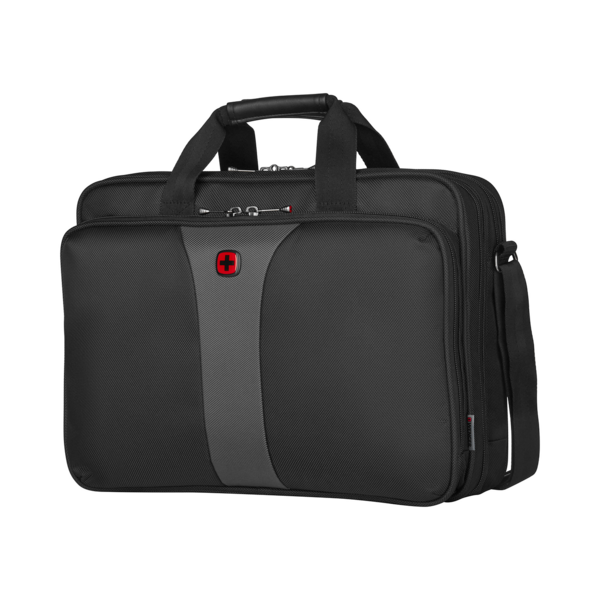 Black briefcase with red cross, handle and shoulder strap, elegant design