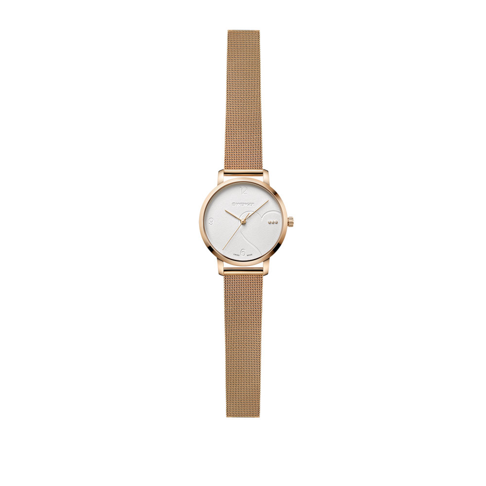 Elegant gold women's watch with white dial and gold strap, stylish design.