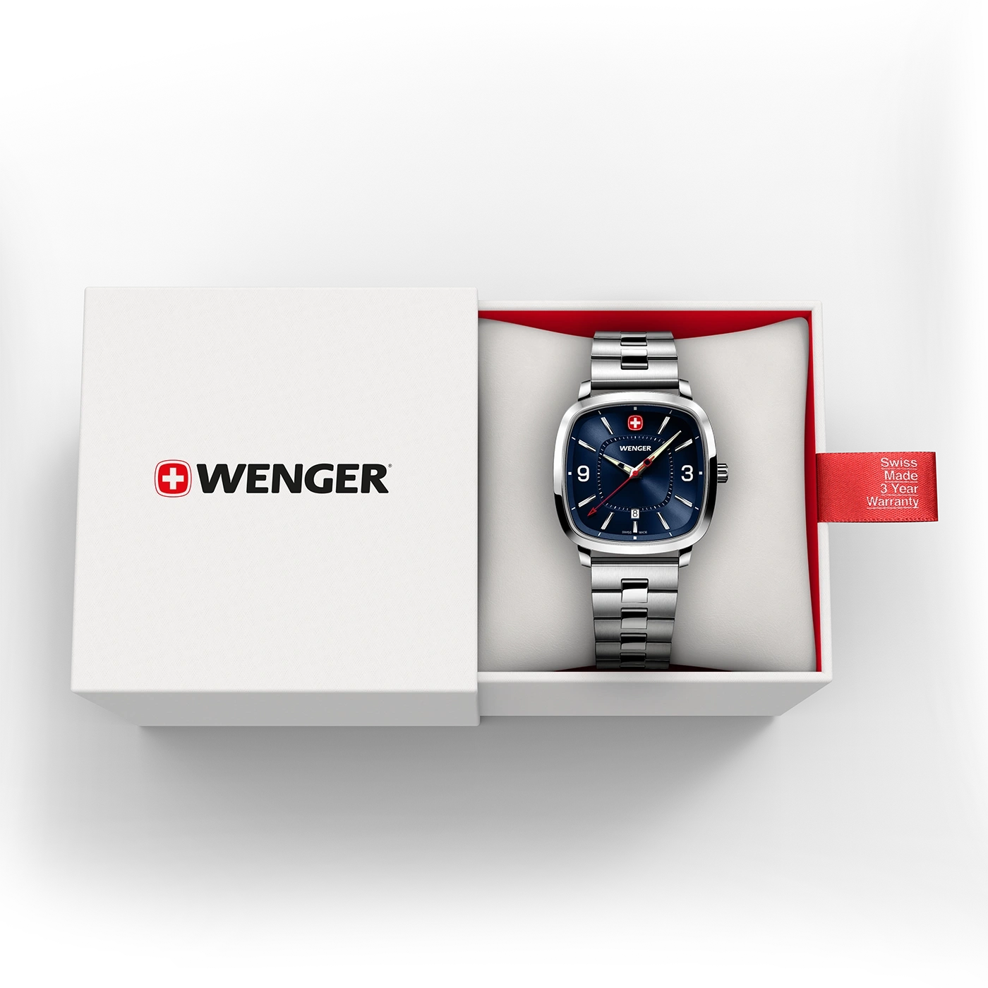 Wenger watch in a box with a red band and warranty information