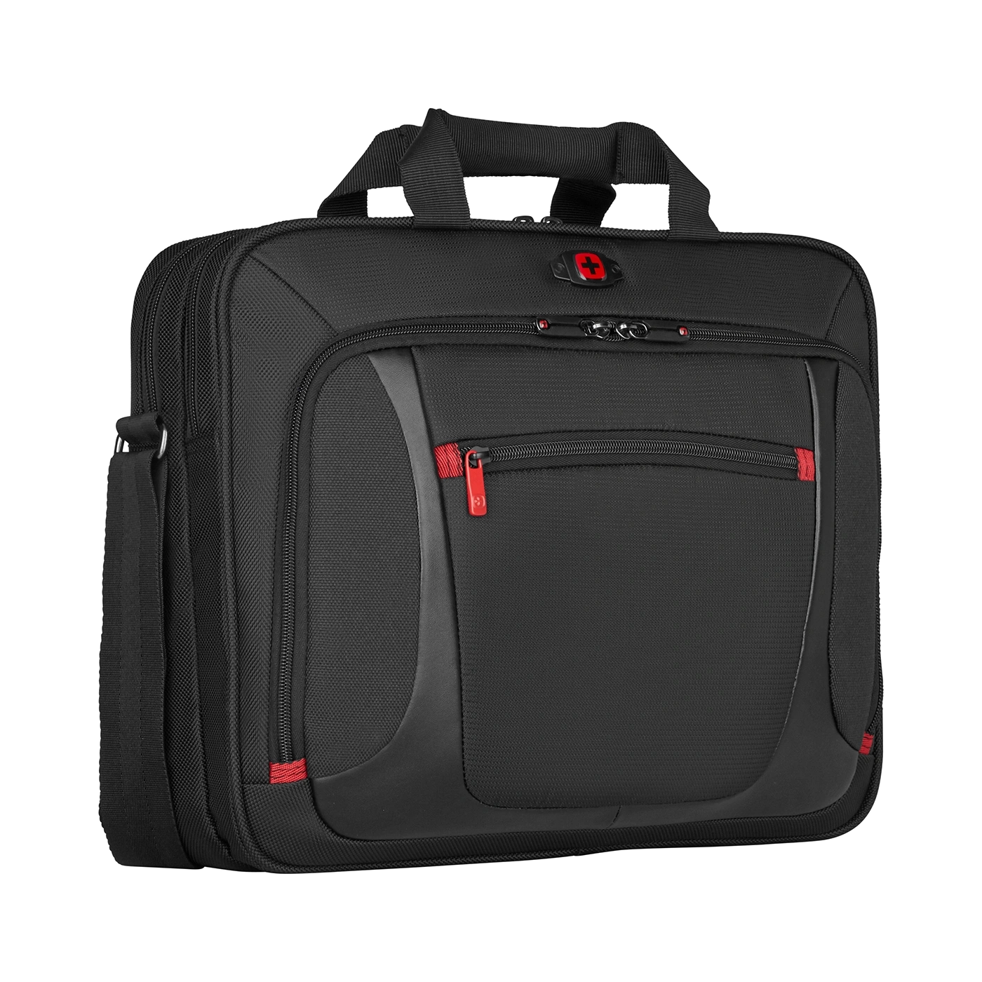 Black briefcase with red zipper and logo on a black background, business bag.