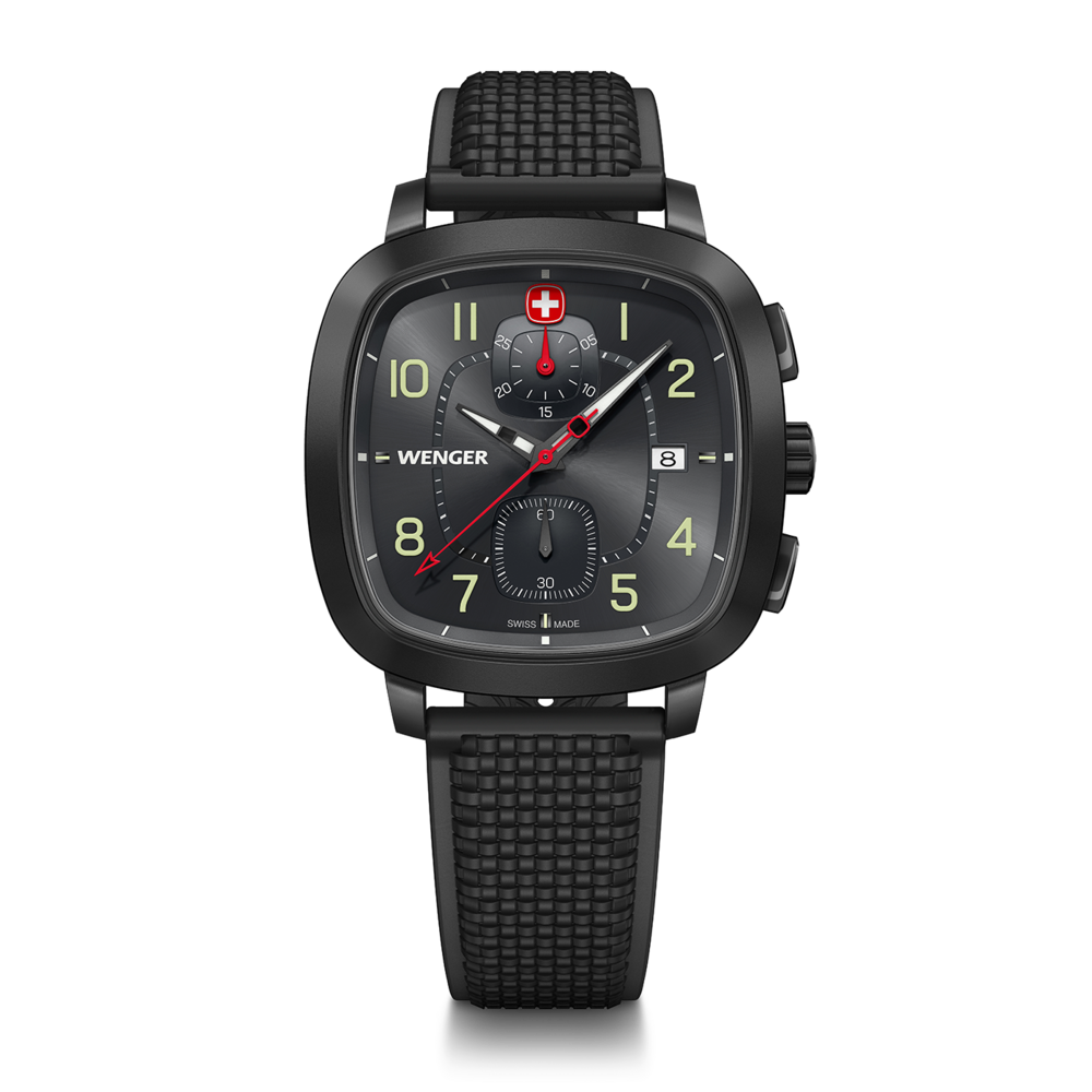 Black Wenger watch with red accents and square face. Swiss made watch with a textured strap.