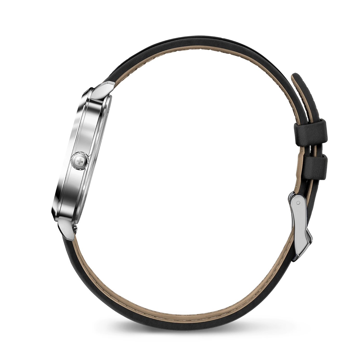 Side view of a watch with a black leather strap and silver case, close-up