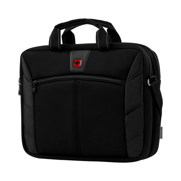 Black laptop bag with red logo and handle