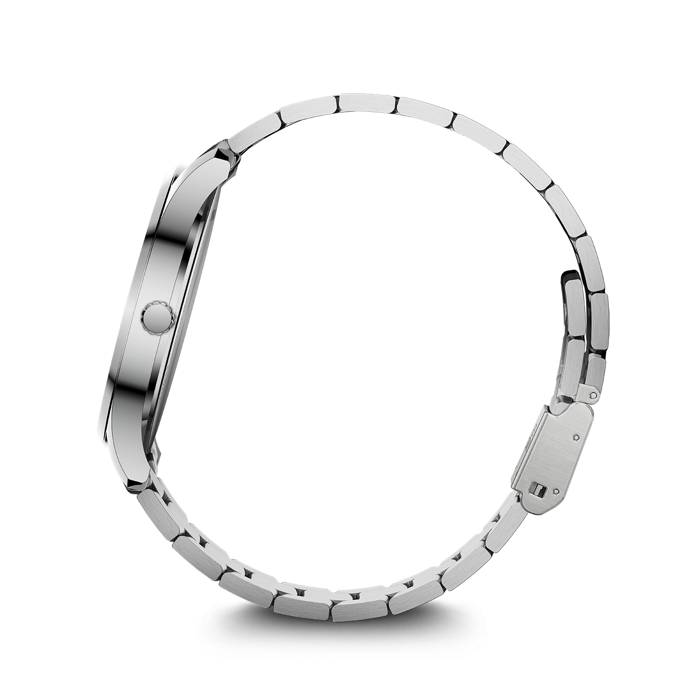 Silver wristwatch in profile on a white background