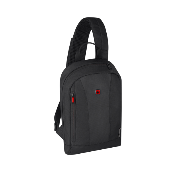 Black sling bag with red zipper and Swiss cross logo on a dark background