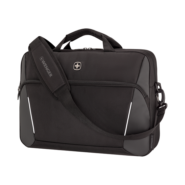 Black Wenger laptop bag with shoulder strap and logo, isolated on white