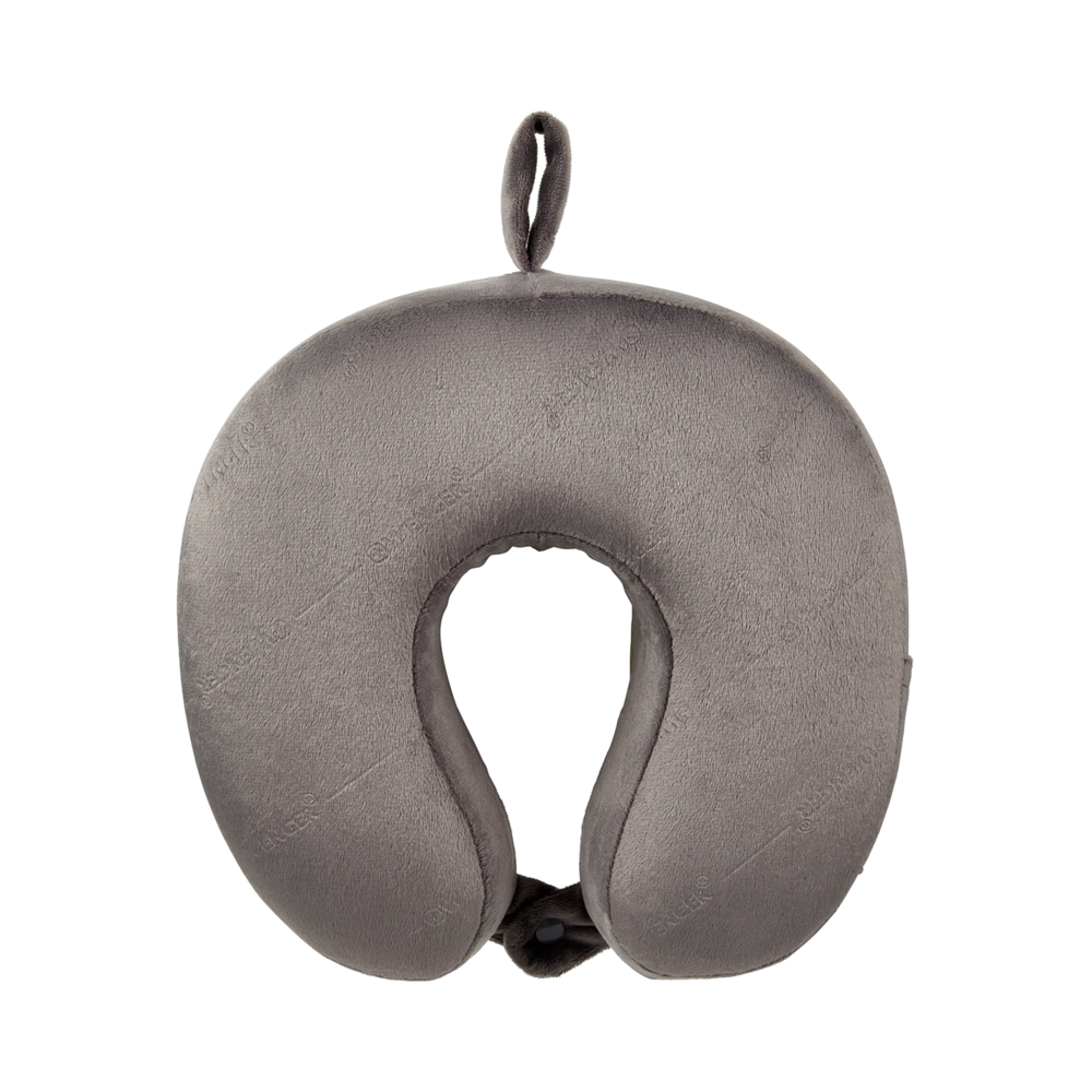 Gray neck pillow on black background with loop for travel comfort.