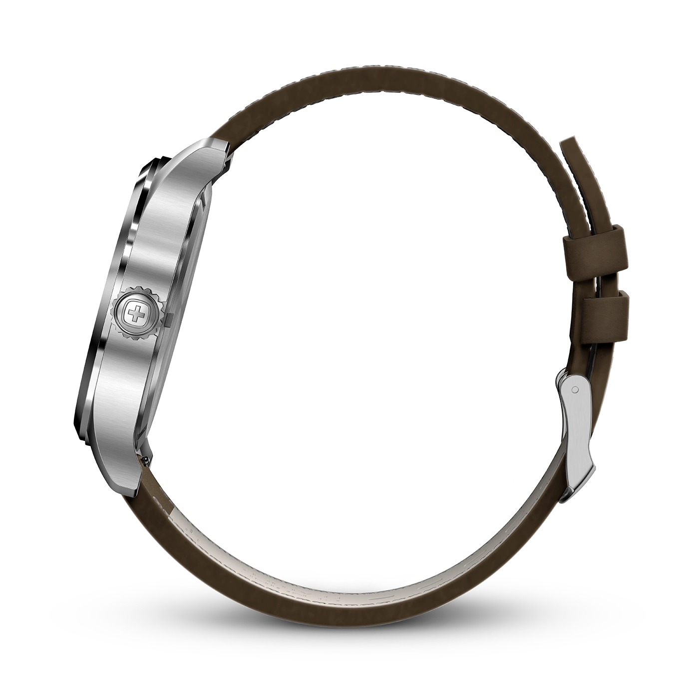 Uhr mit braunem Lederarmband, Seitenansicht, silbernes Gehäuse, schwarzer Hintergrund