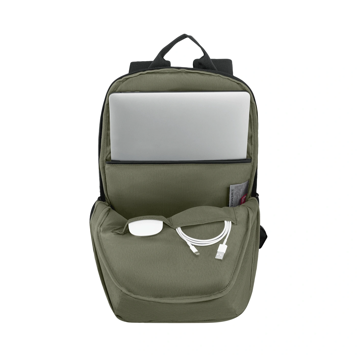 An open backpack with a laptop, mouse, and charging cable inside.