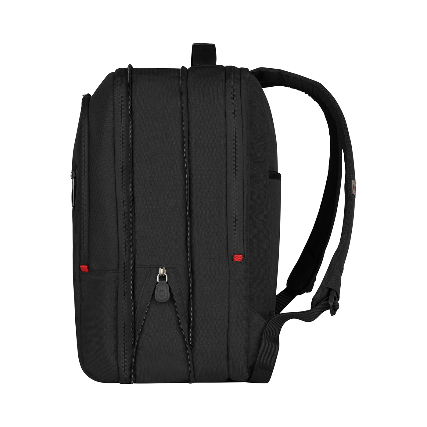 Black backpack with red accents and zippers, side view, isolated on black