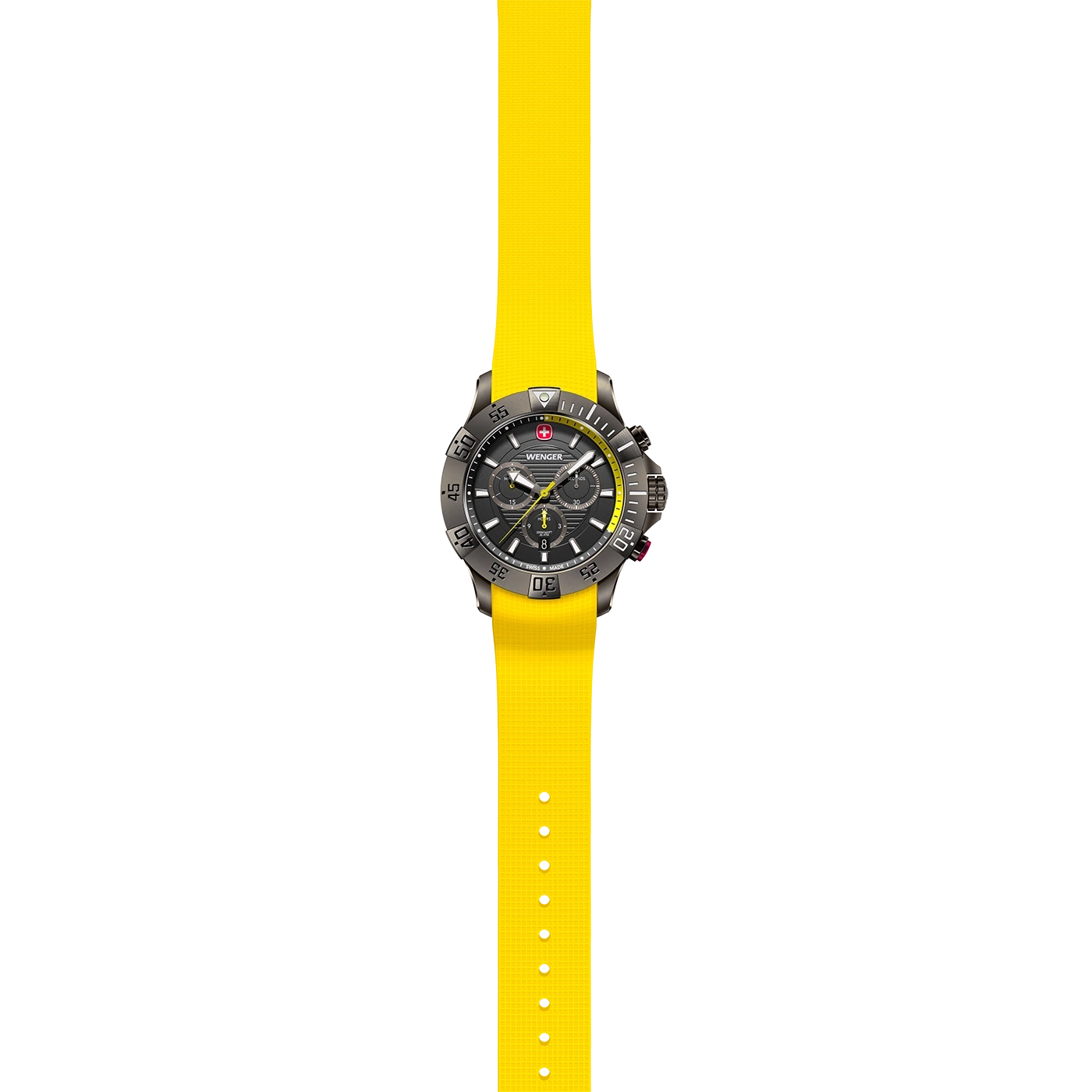 Wenger watch with yellow strap, black dial, and silver case, isolated on white