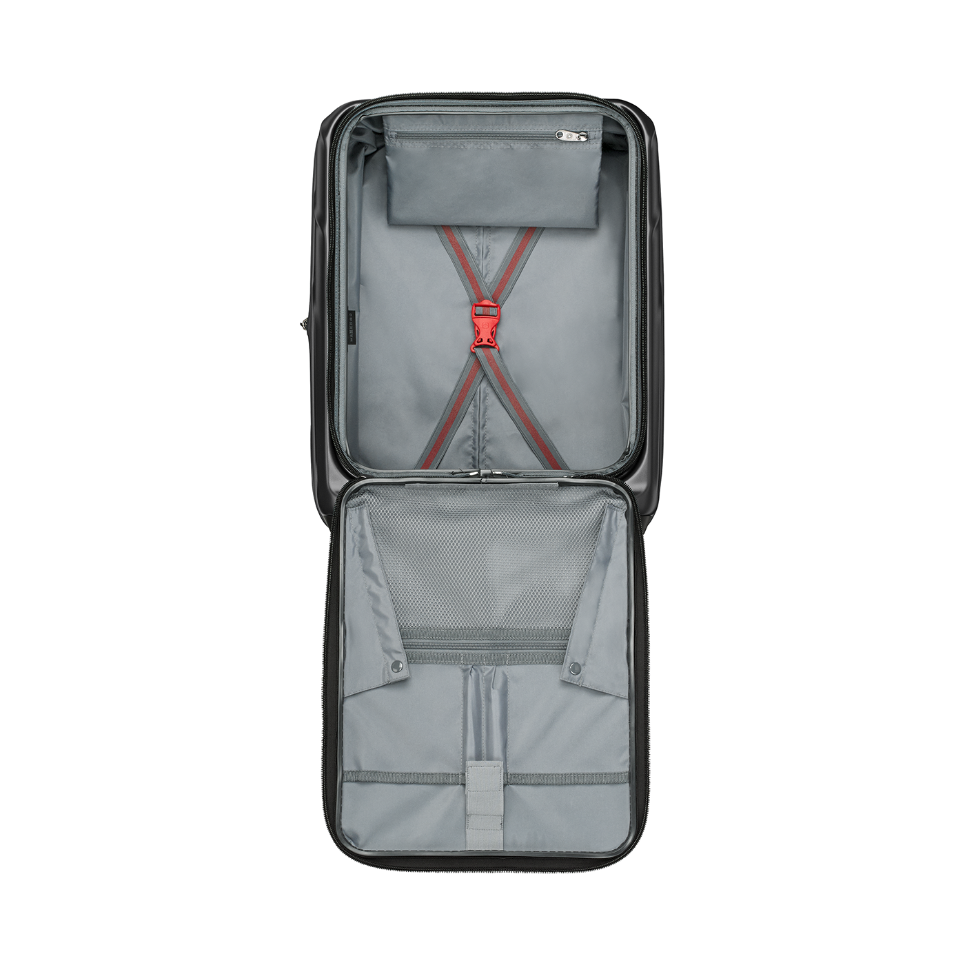 Open suitcase with gray interior, red straps, and a zippered compartment for storage.