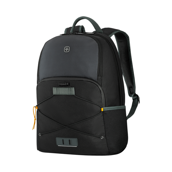 Black backpack with gray accents and yellow details, perfect for travel and everyday use.
