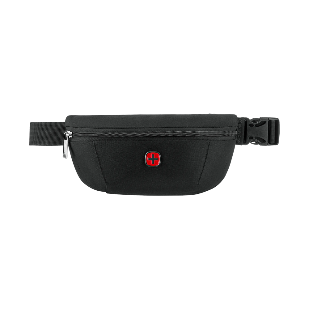 Black fanny pack with zipper and red logo, Wenger brand, on white background.