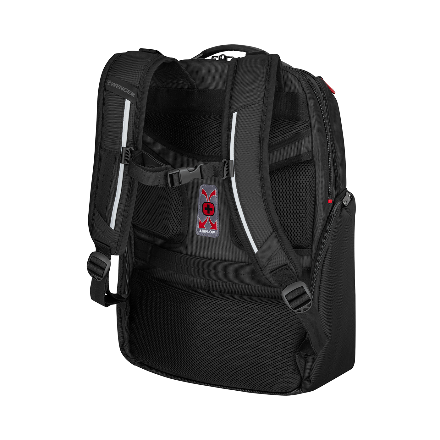 Black backpack with Airflow system, Wenger logo, reflective stripes, and shoulder straps