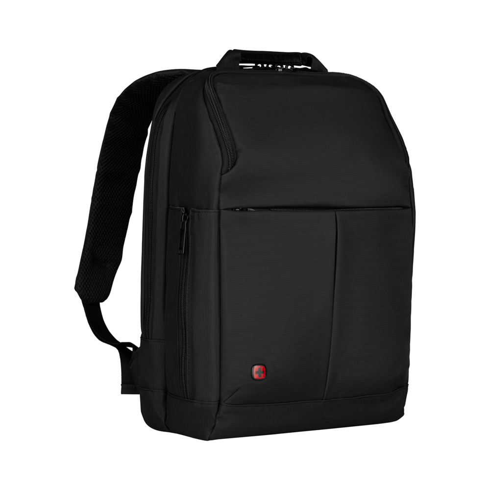Black backpack with zippers and red logo on a black background