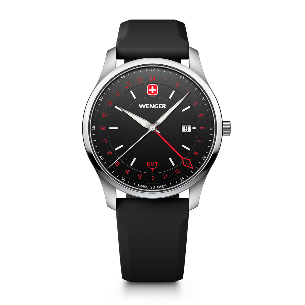 Black Wenger men's watch with GMT function and red accent on black dial