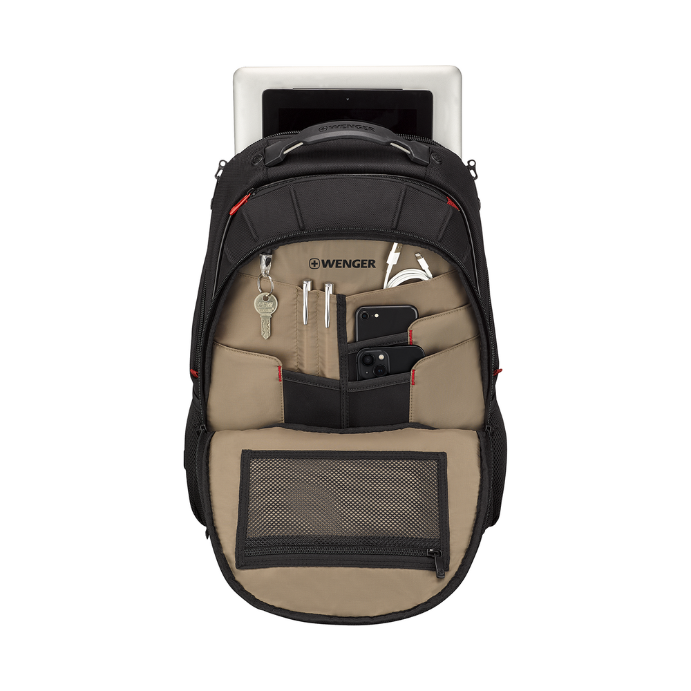 Black backpack with multiple pockets, tablet, and accessories visible.