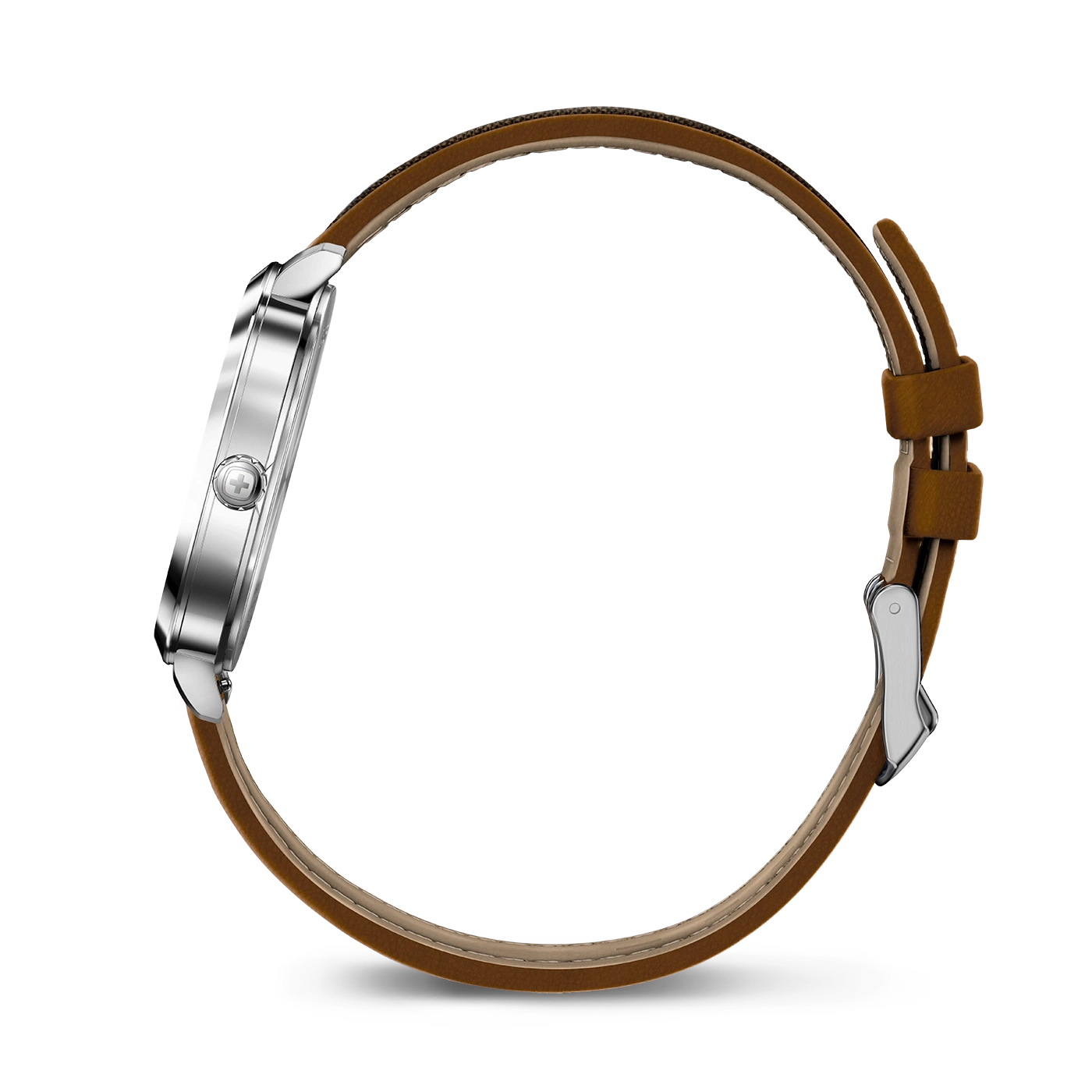 Side view of a watch with a brown leather strap and a silver case