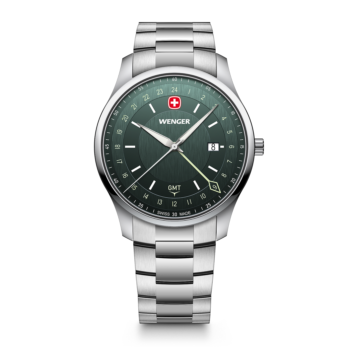 A silver Wenger wristwatch with a green dial and a date window.