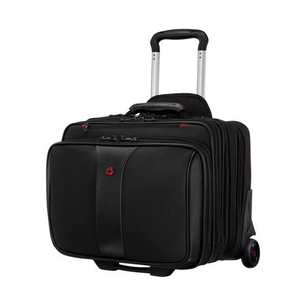 Black rolling suitcase with handle and wheels, Wenger brand, for travel.