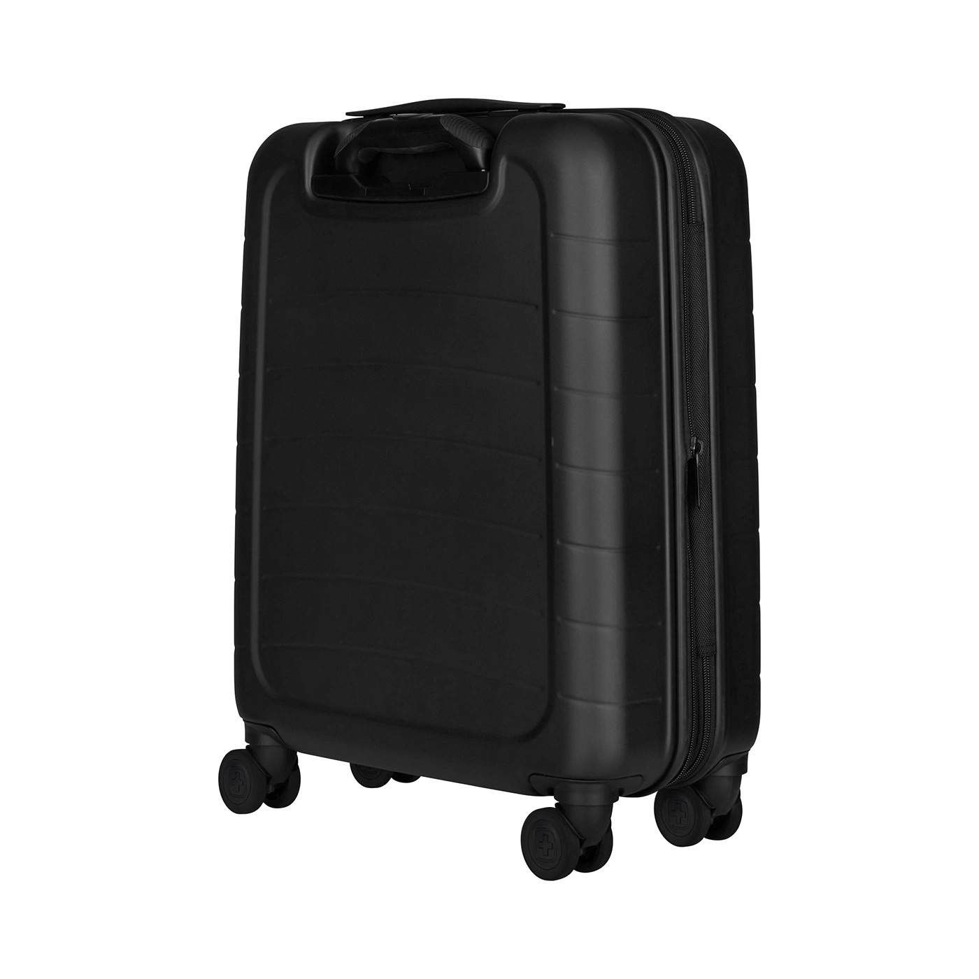 Black suitcase with wheels, zipper and handle isolated on black background