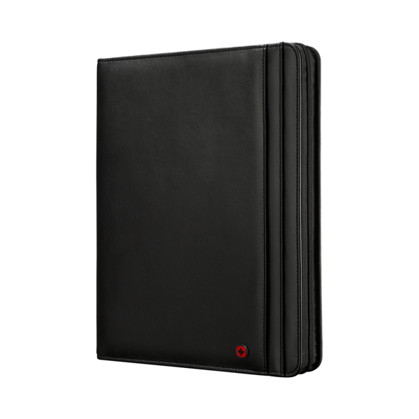 Black leather portfolio with zipper and red logo on a black background.