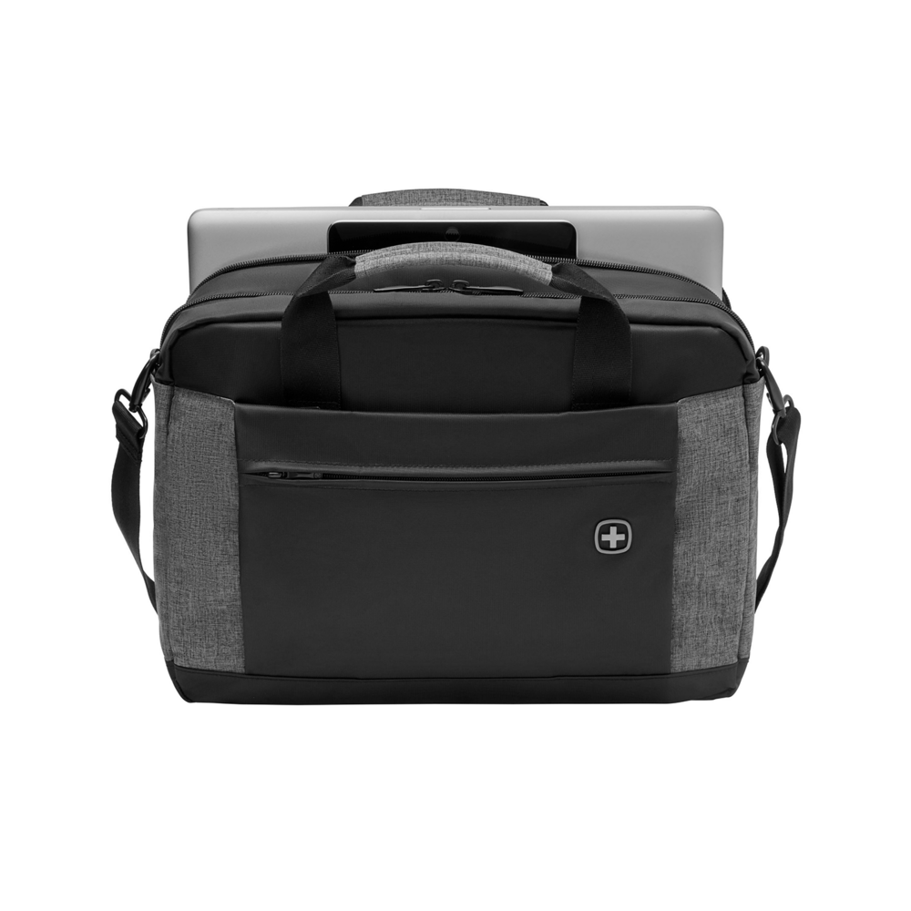 Black laptop bag with gray fabric and a laptop inserted inside the bag.