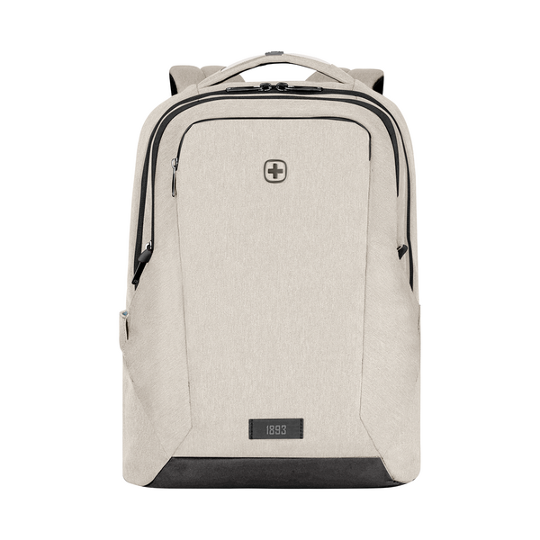 Beige backpack with black details and logo. Everyday luggage for carrying items.