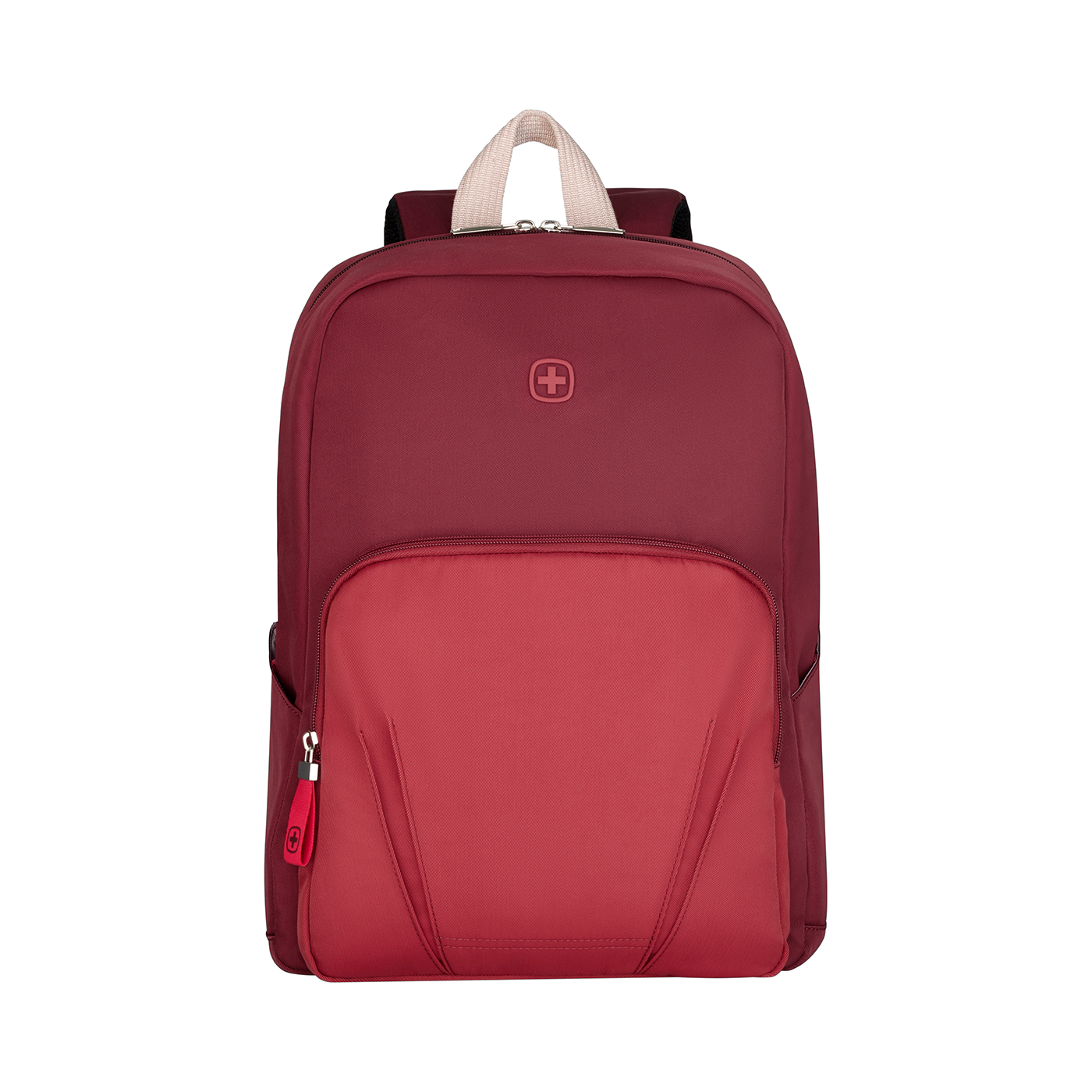 Red backpack with white handle and logo on a black background.