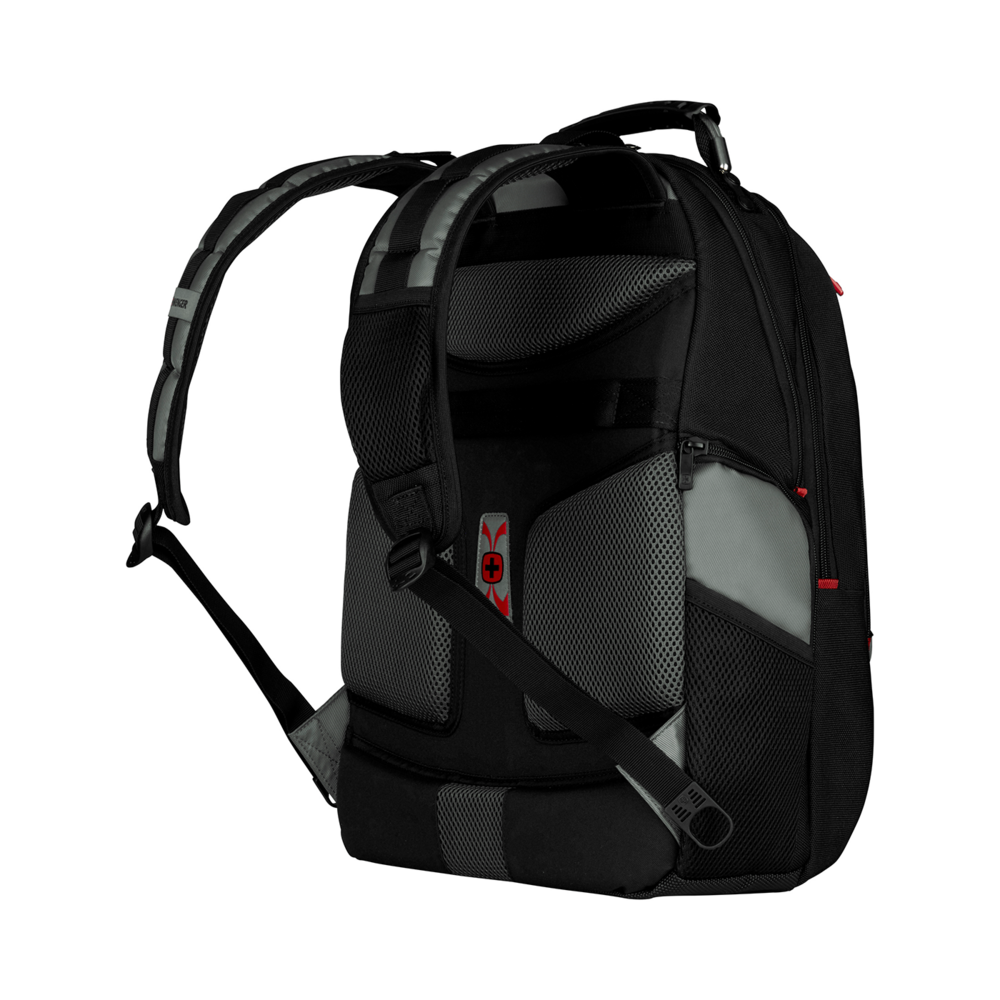 Black backpack with gray accents and red logo on a black background.