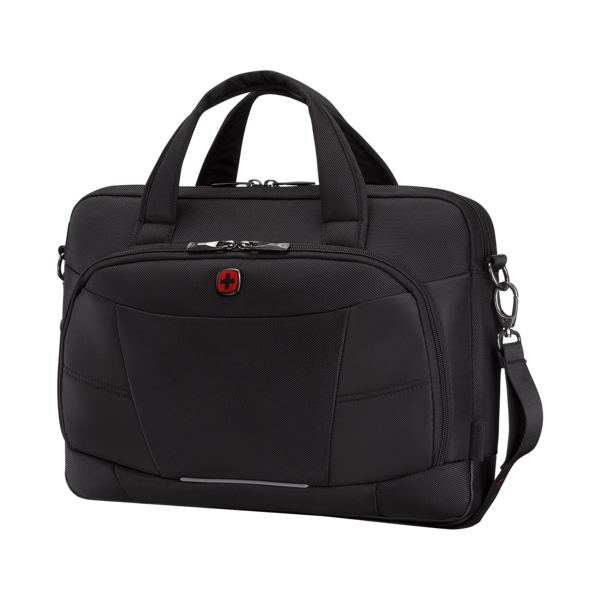 Black briefcase with handles and shoulder strap, Swiss cross logo on front