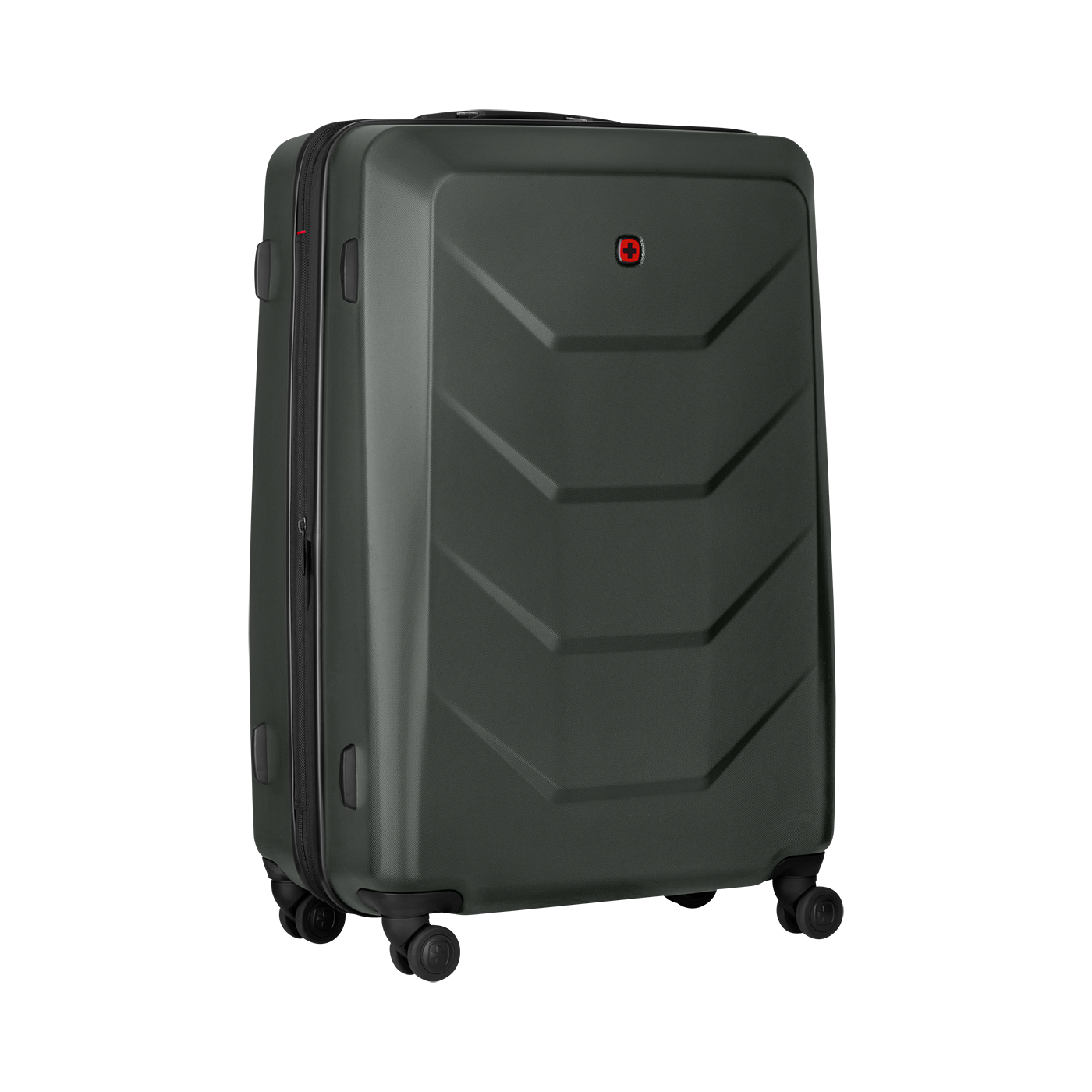 Dark green suitcase with red logo and black zipper, ready for travel.