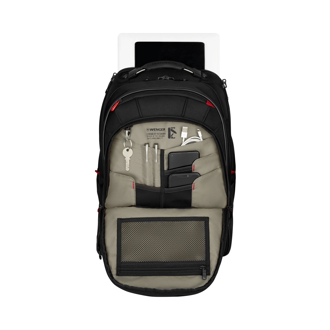 Black backpack open showing contents, including phones, keys, and a laptop.