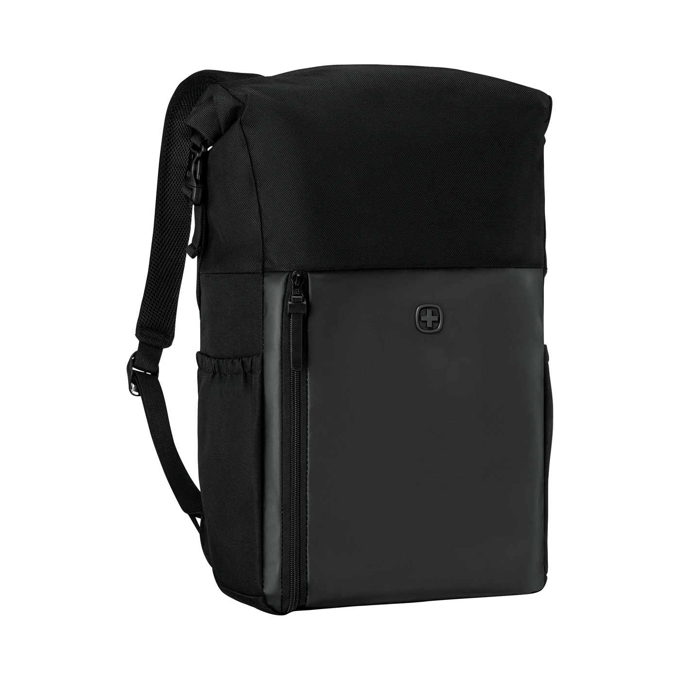 Black backpack with zipper and logo