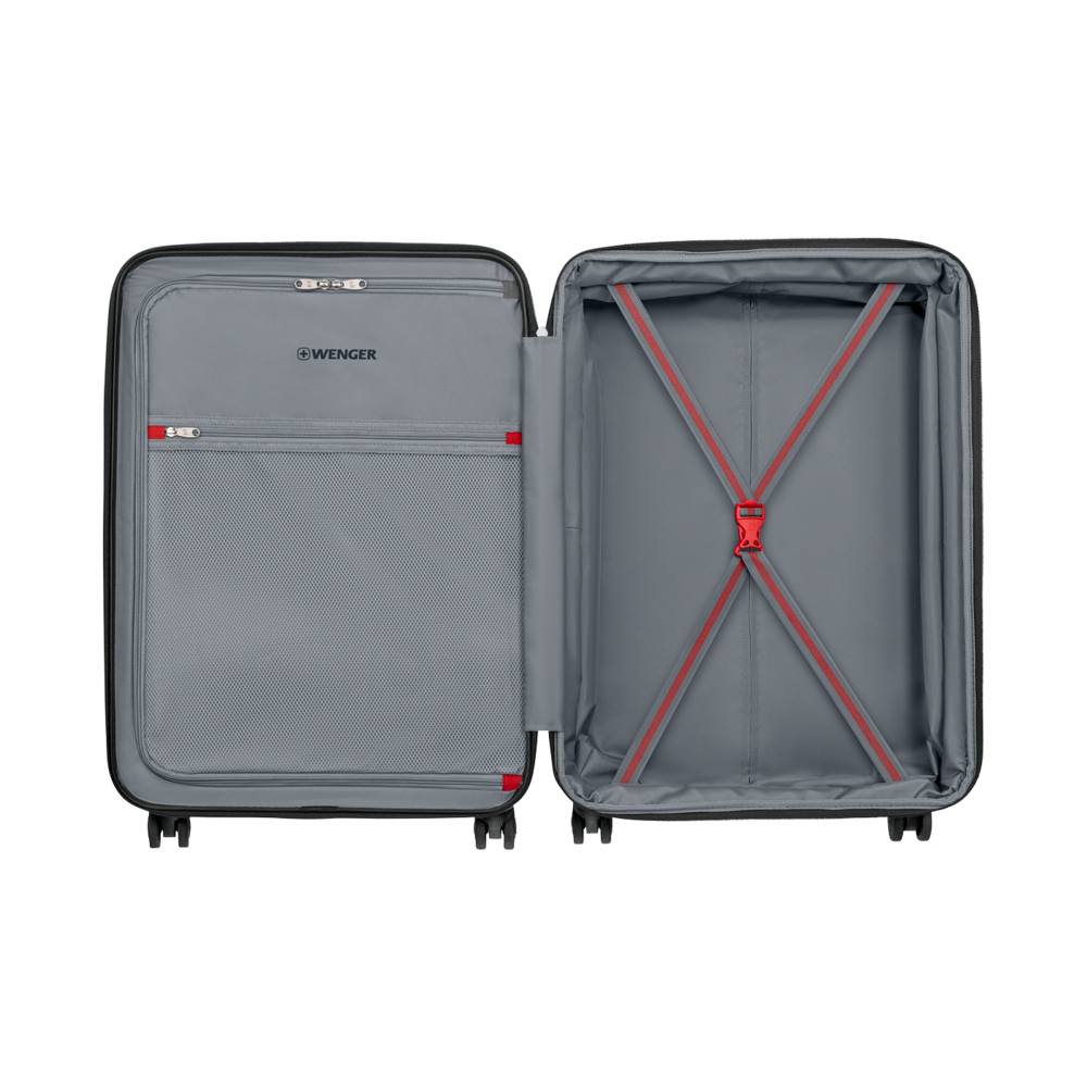 Open suitcase with gray interior and red accents, brand Wenger, ready for travel.