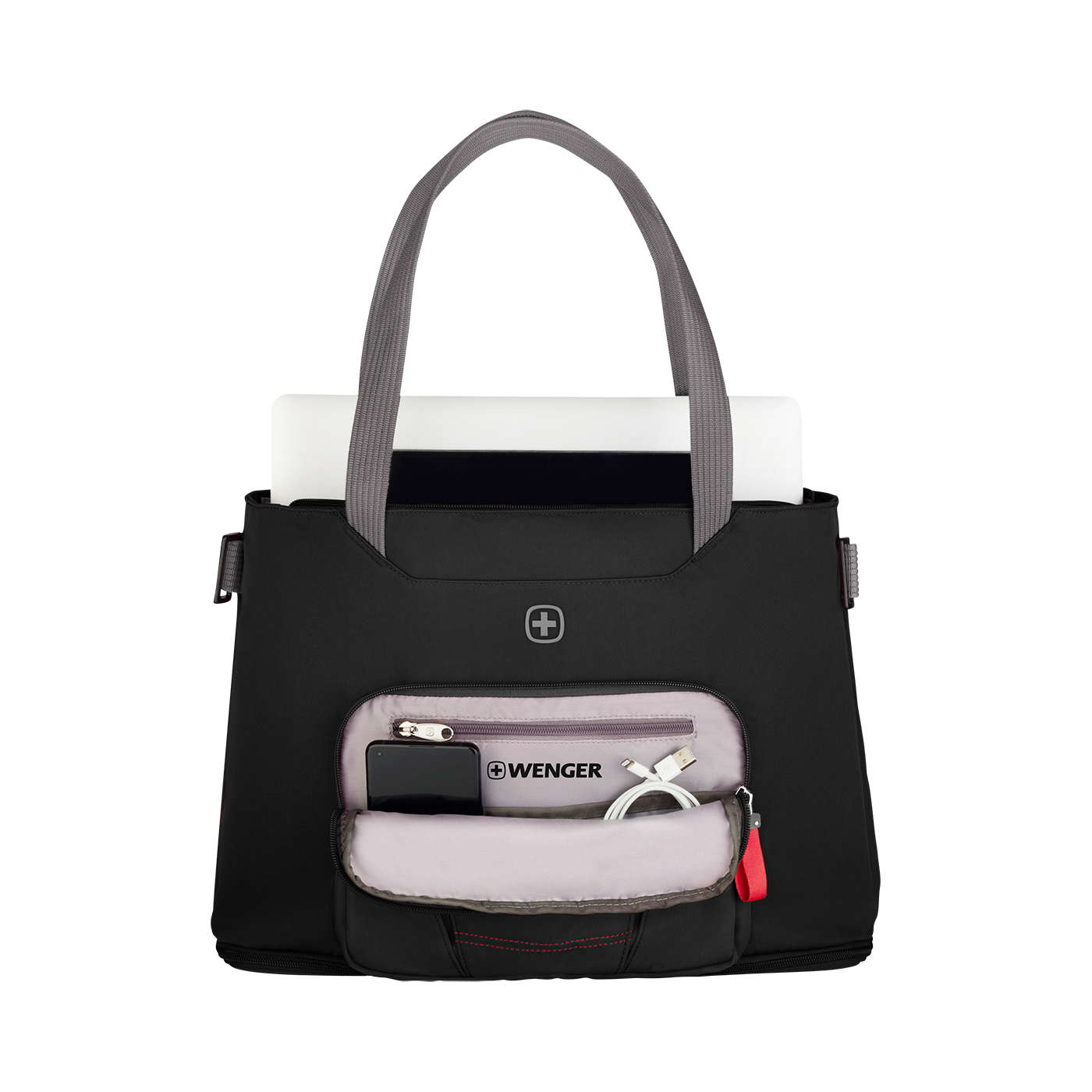 Black handbag with gray handle, zipper, red accent, and Wenger logo. Contains phone and cable.