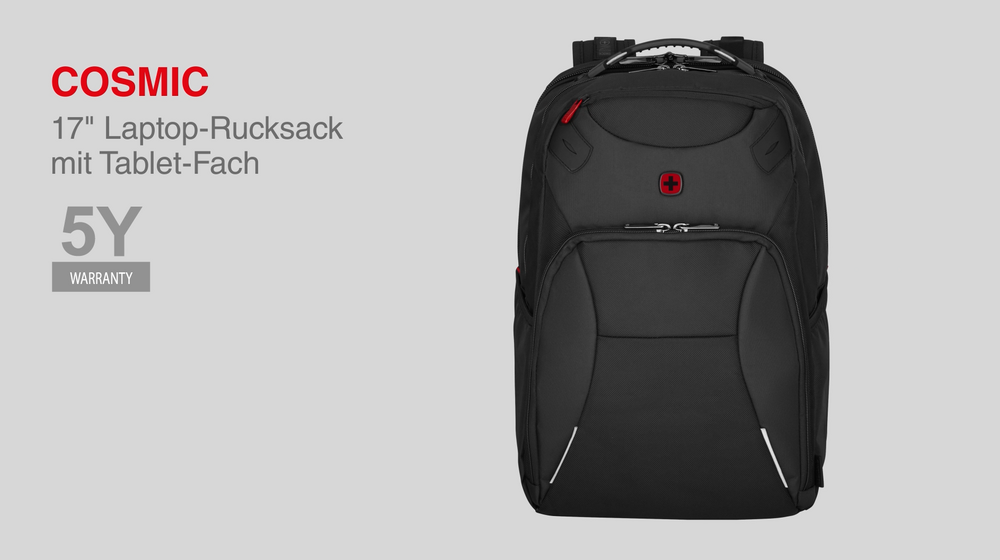 Black backpack with red accent, 5 year warranty, laptop compartment, tablet compartment
