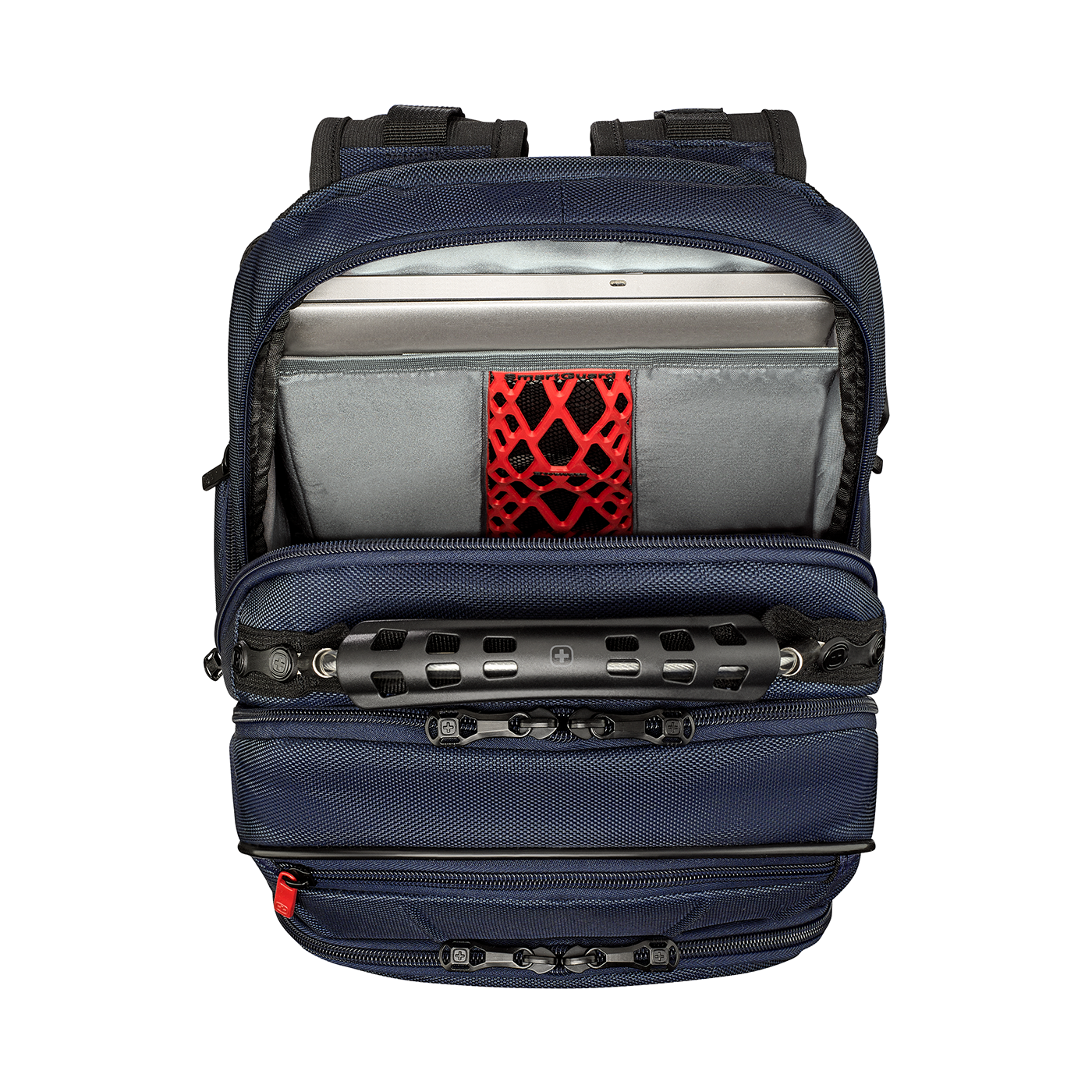 Blue backpack with open zipper, laptop, and red detail inside the bag