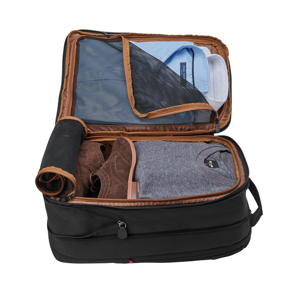 Black suitcase with clothes, shoes and zipper, open, brown details, travel bag