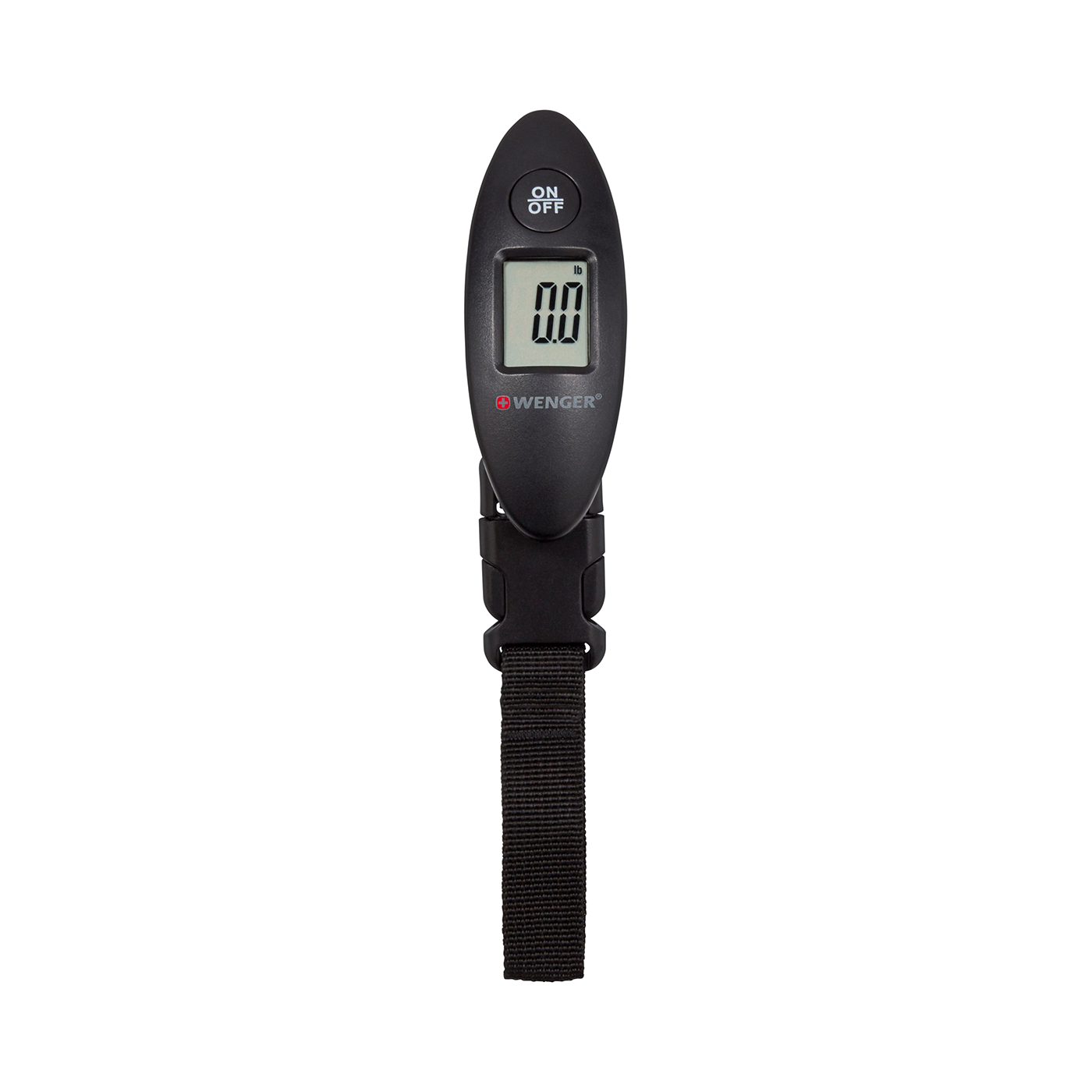 Black luggage scale with digital display and Wenger logo