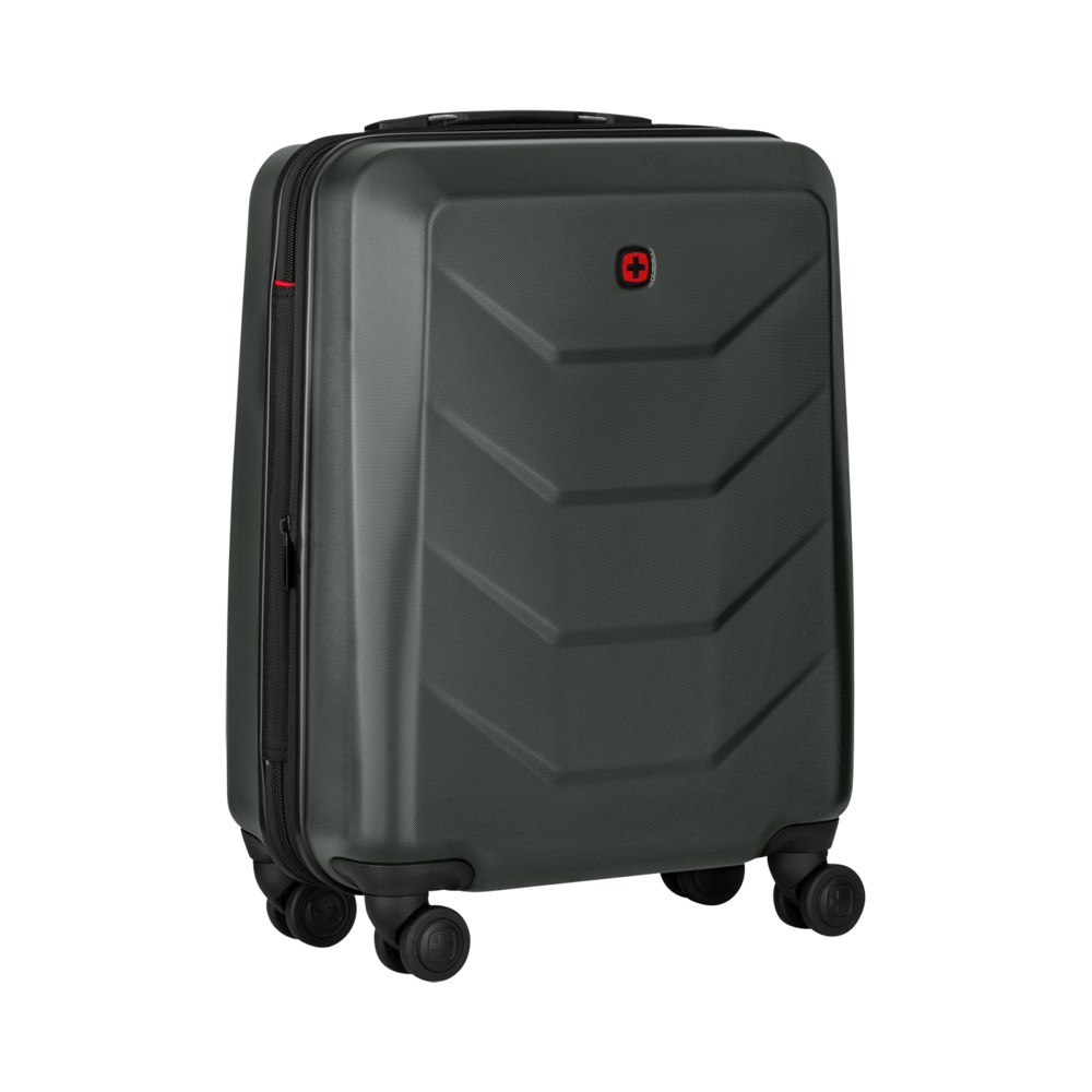 Dark green suitcase with red logo and four wheels, travel luggage