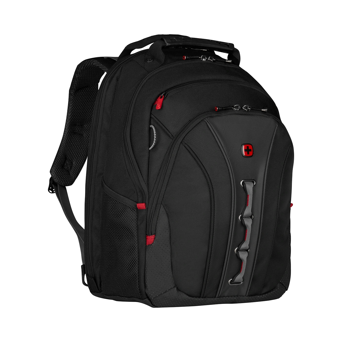 Black backpack with red accents and Swiss cross logo on a black background