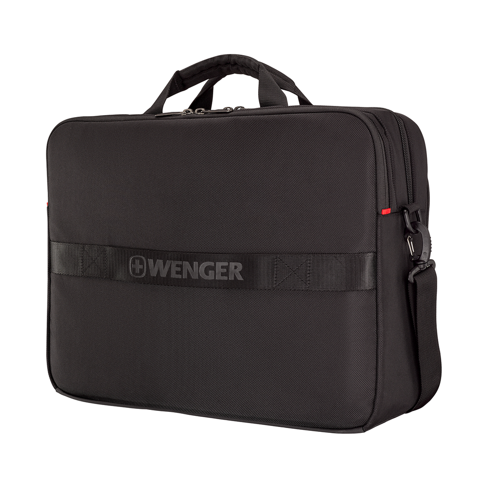 Black briefcase with handle and shoulder strap, brand Wenger.