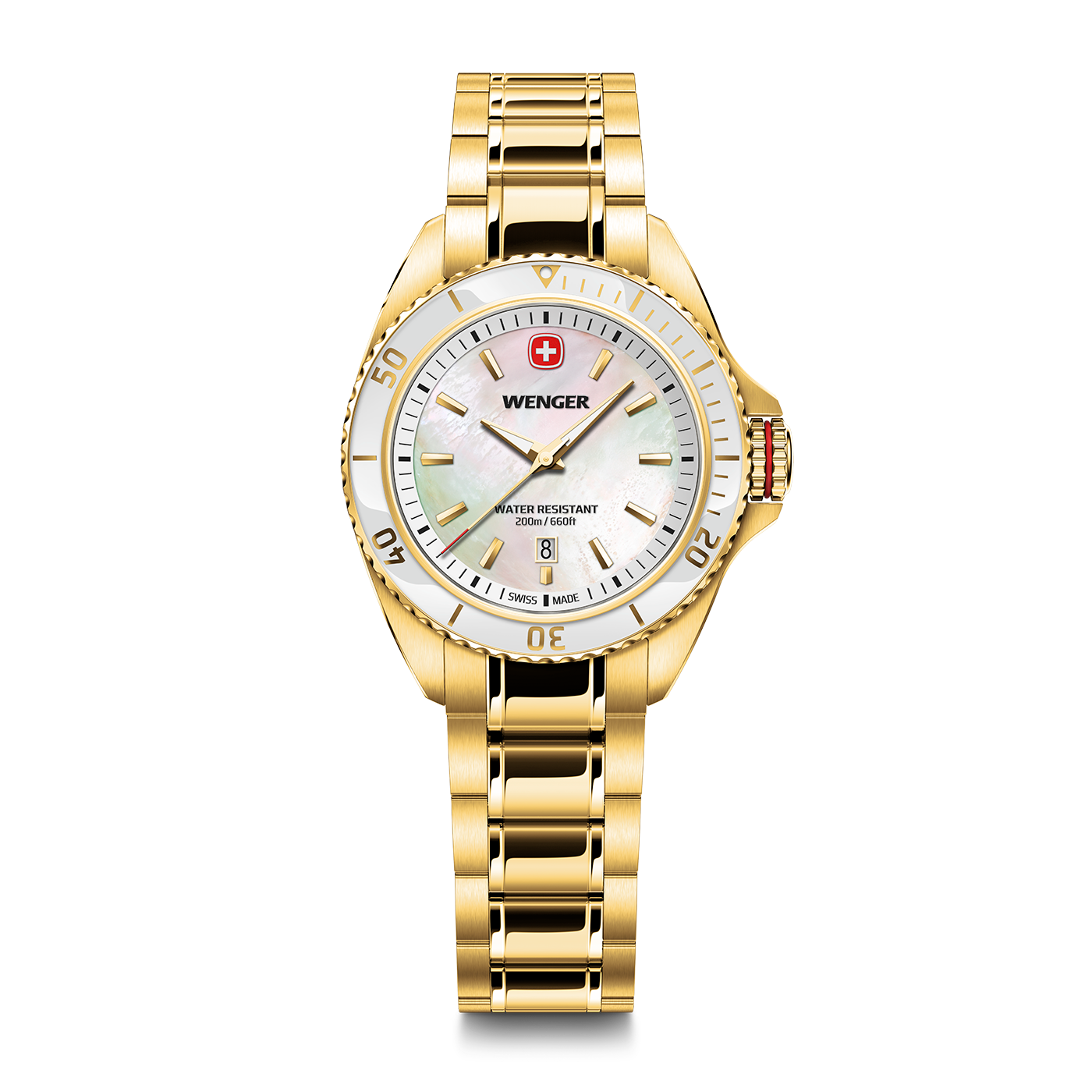Gold Wenger watch with white dial and date, water resistant 200m.