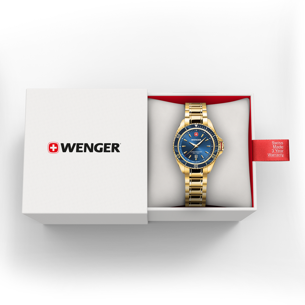 A gold Wenger watch in a white box with a warranty tag.
