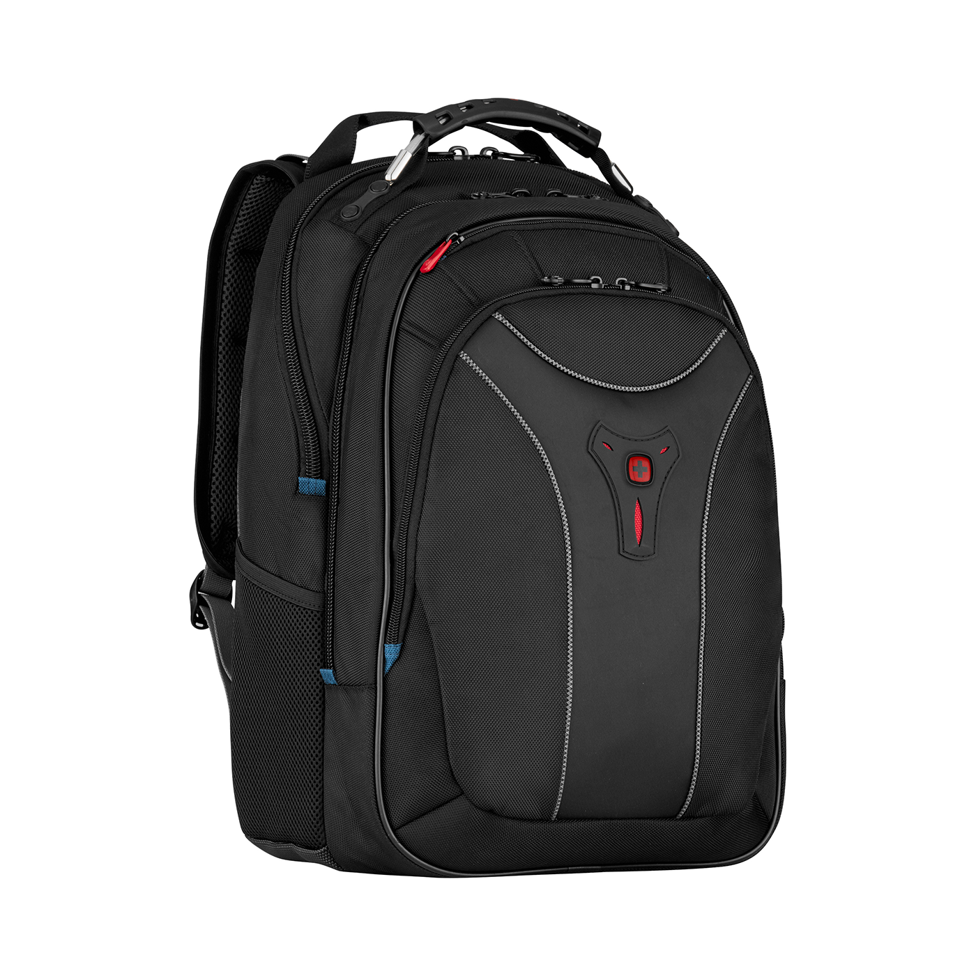 Black backpack with red accents and Swiss cross logo on a black background.