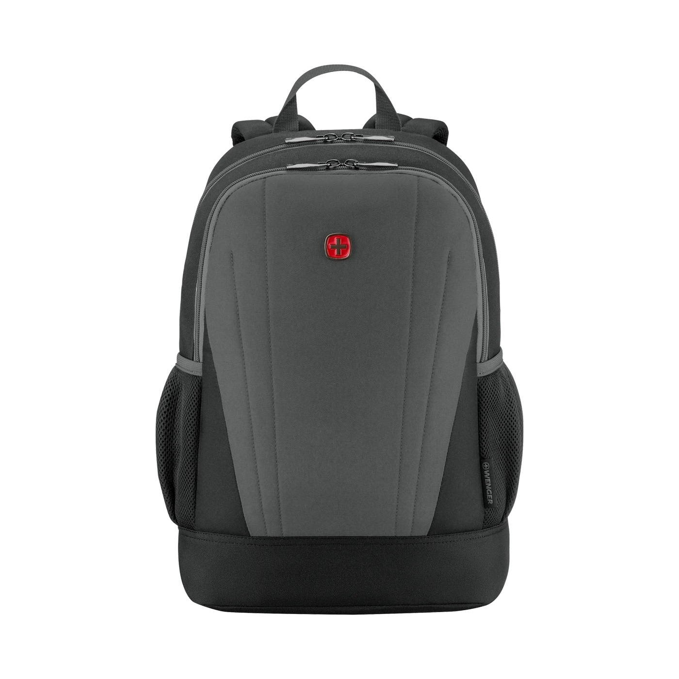 Gray backpack with red cross and zippers, Wenger logo, black base and mesh pockets.