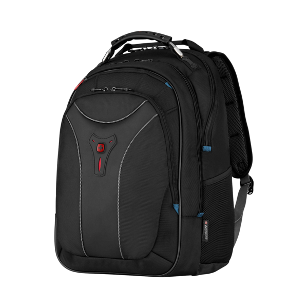 Black backpack with red accents and Wenger logo, perfect for travel and everyday use.