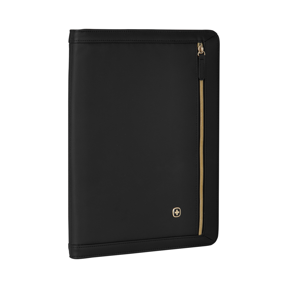 Black leather portfolio with zipper and gold logo, business accessory